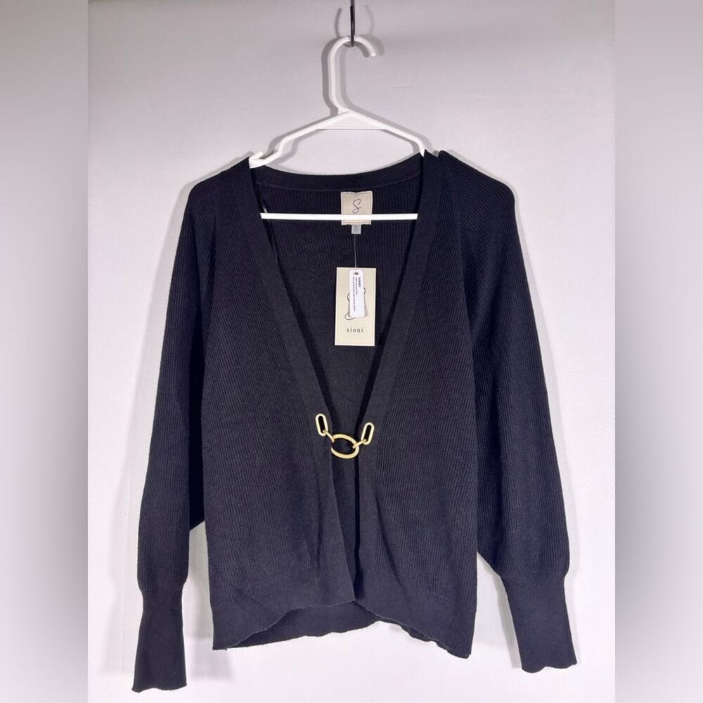 NWT Sioni Black Ribbed Cardigan with Gold Detail Size Small 0707